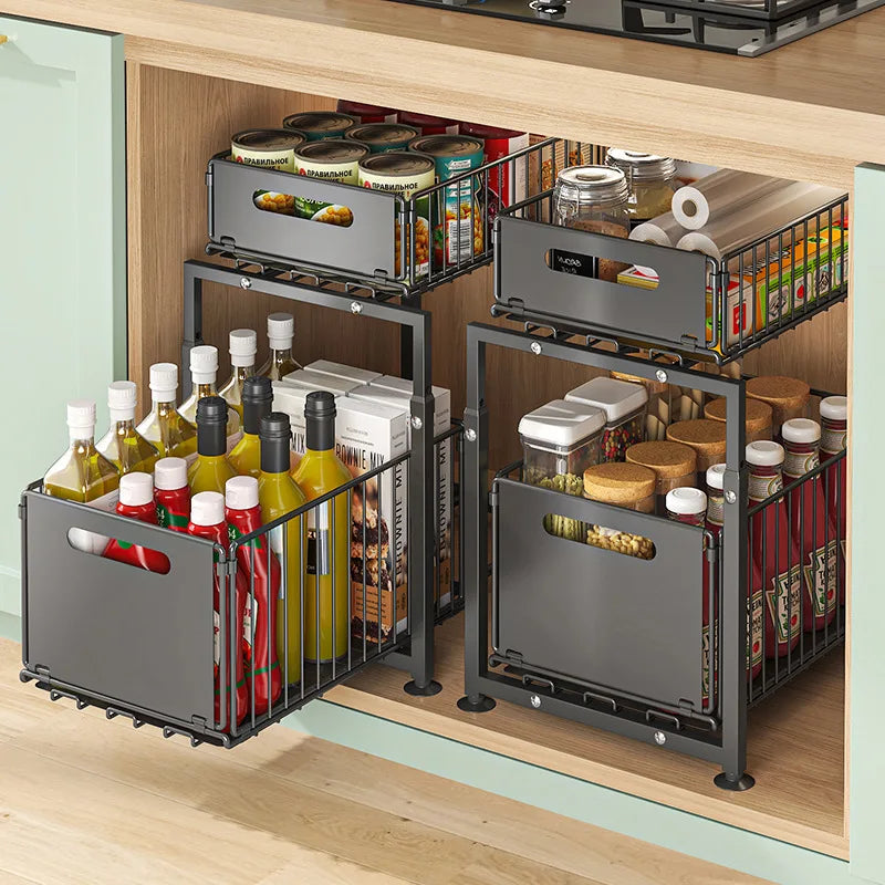 Rangement Sous Évier Coulissant 2 Niveaux - Organisateur Cuisine Acier