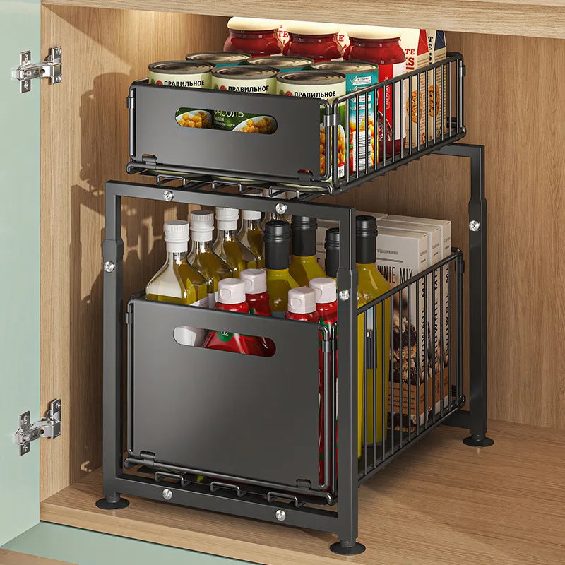 Rangement Sous Évier Coulissant 2 Niveaux - Organisateur Cuisine Acier