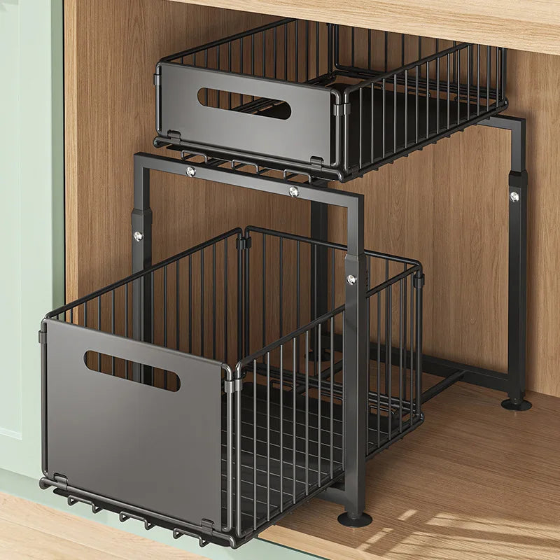 Rangement Sous Évier Coulissant 2 Niveaux - Organisateur Cuisine Acier