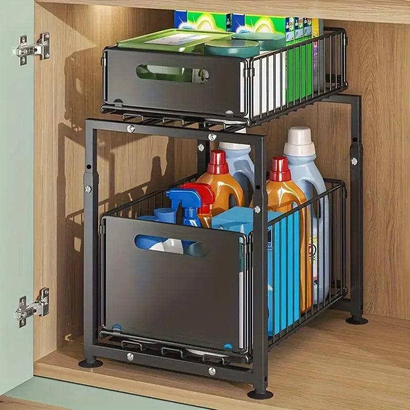 Rangement Sous Évier Coulissant 2 Niveaux - Organisateur Cuisine Acier