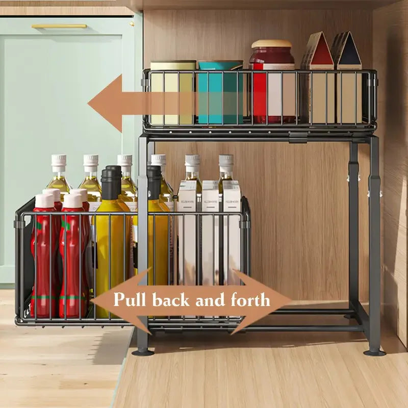 Rangement Sous Évier Coulissant 2 Niveaux - Organisateur Cuisine Acier